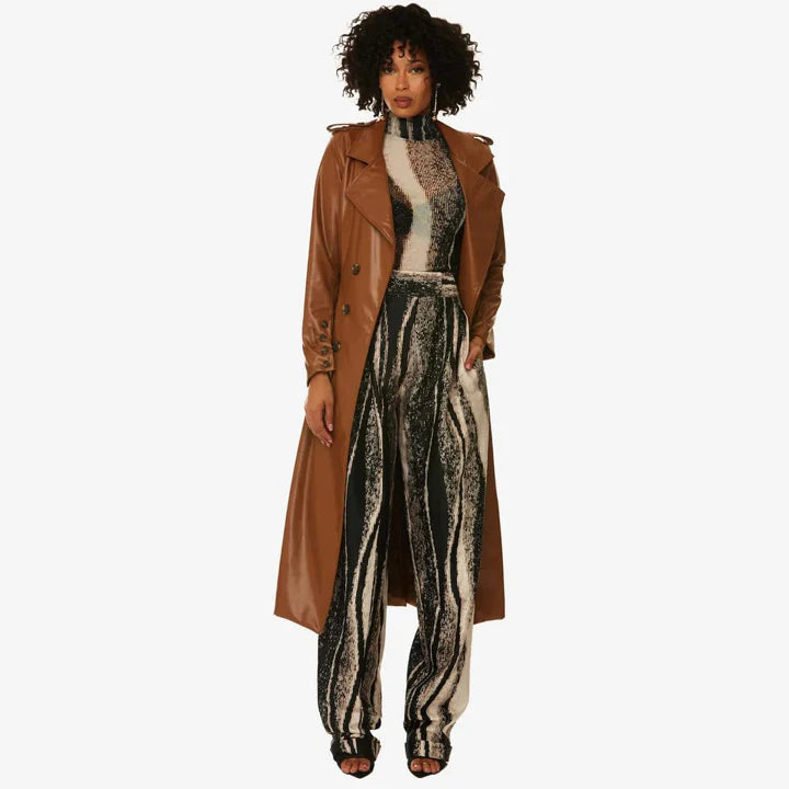 Women's Brown Sheepskin Long Leather Trench Coat