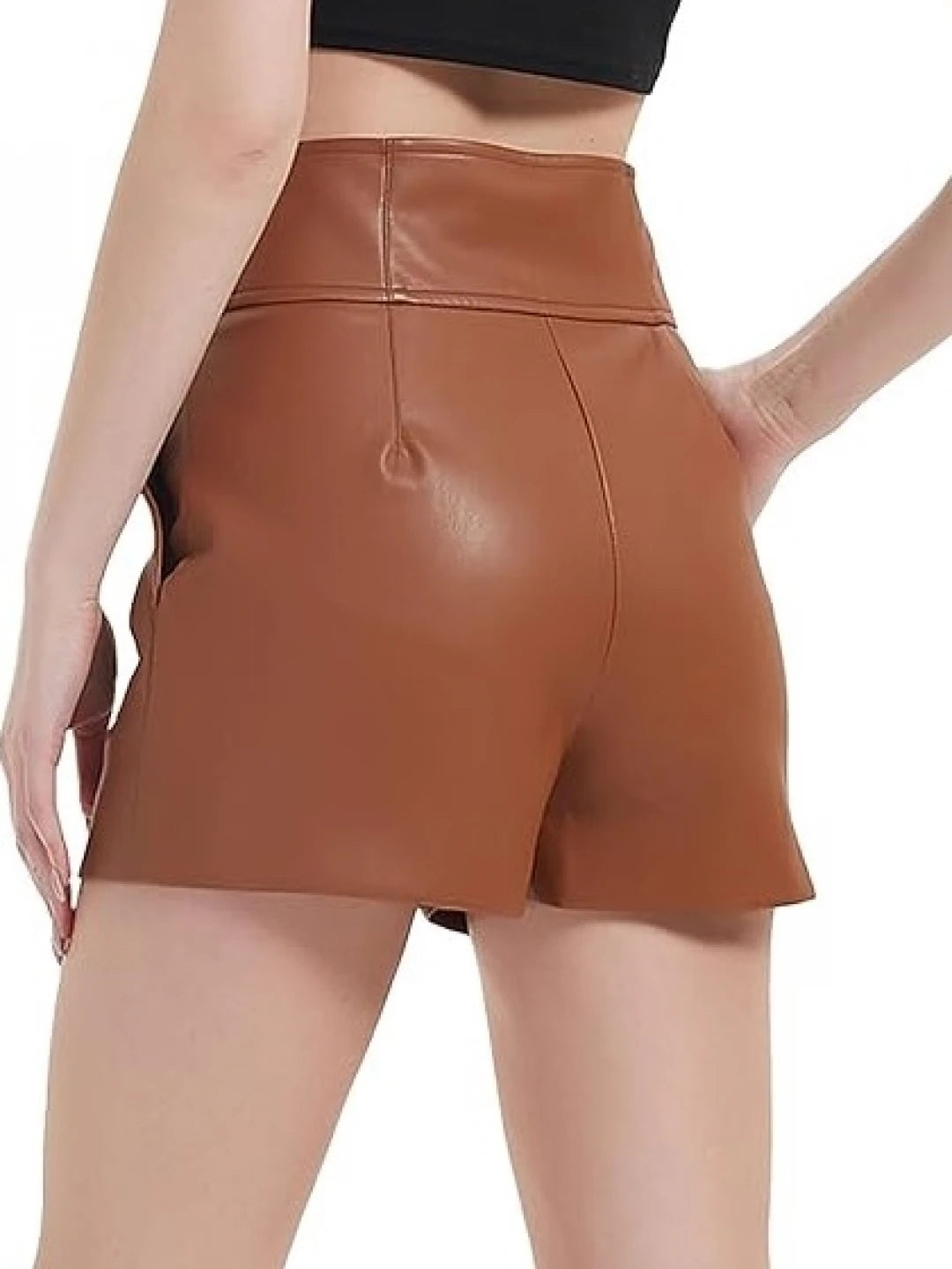 High-Waist Brown Leather Shorts for Women

