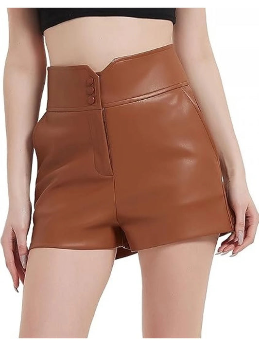 High-Waist Brown Leather Shorts for Women

