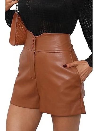 High-Waist Brown Leather Shorts for Women

