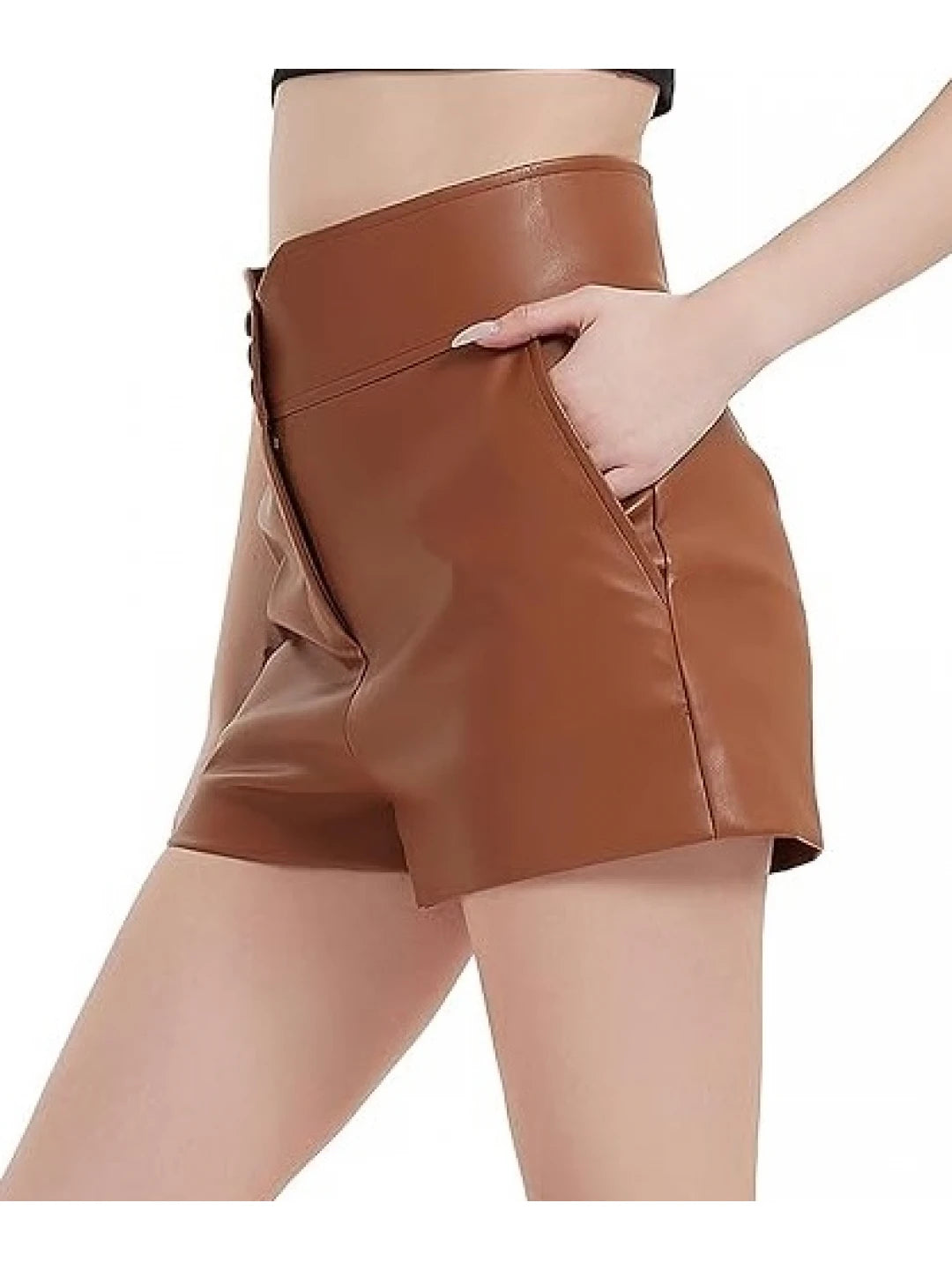 High-Waist Brown Leather Shorts for Women

