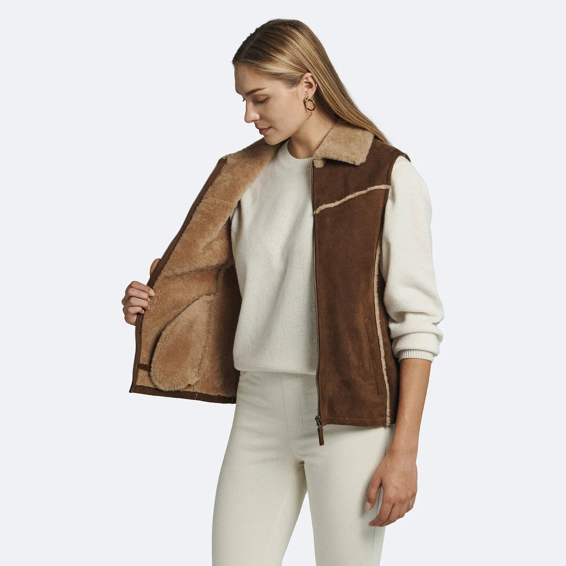 Chic Brown Shearling Leather Vest for Women