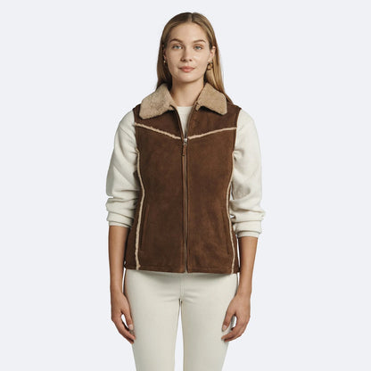 Chic Brown Shearling Leather Vest for Women