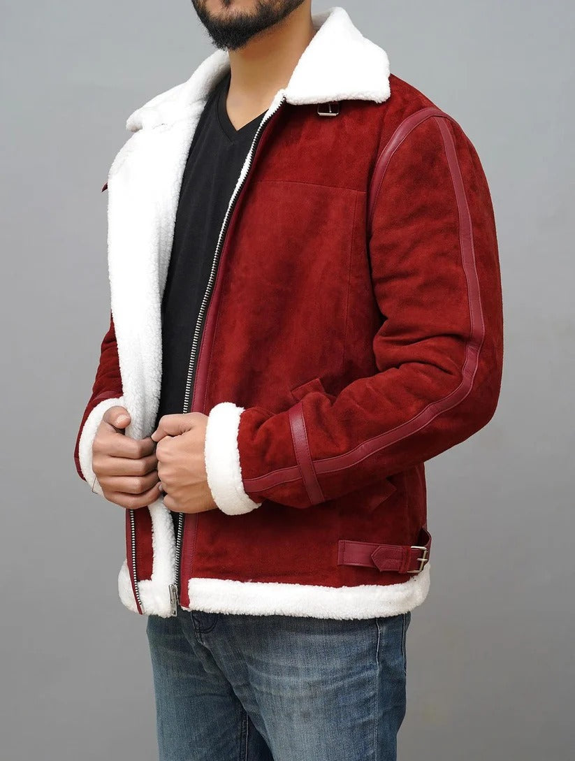 Christmas Red Suede Shearling Leather Jacket with Cozy Fur Lining