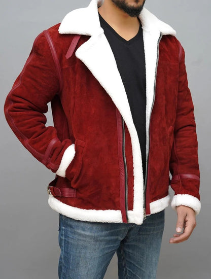 Christmas Red Suede Shearling Leather Jacket with Cozy Fur Lining