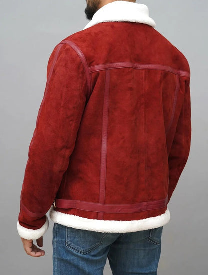 Christmas Red Suede Shearling Leather Jacket with Cozy Fur Lining