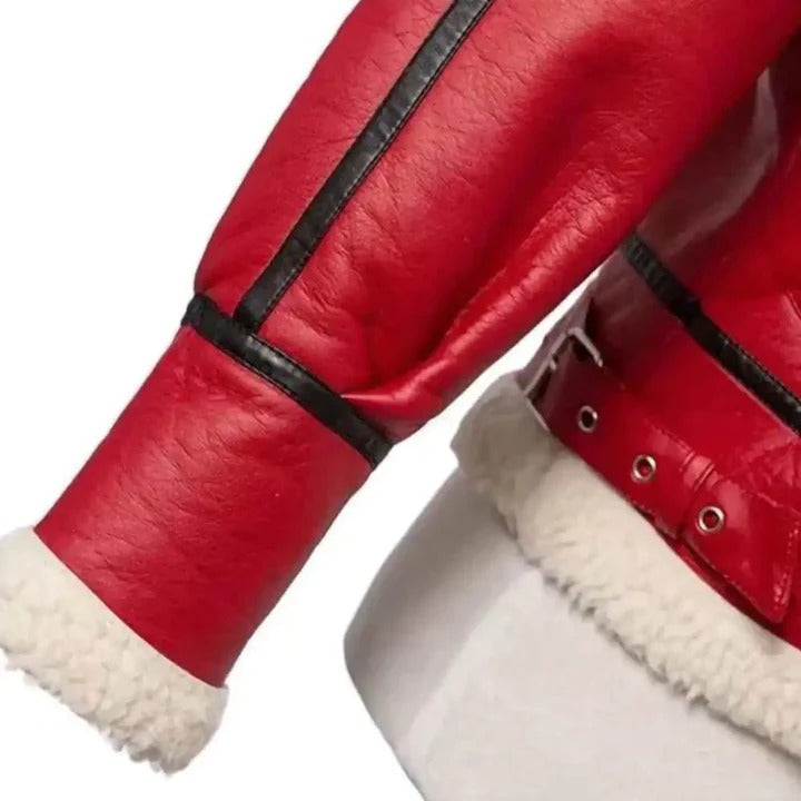 Women’s Festive Red Christmas Leather Jacket with Fur Trim