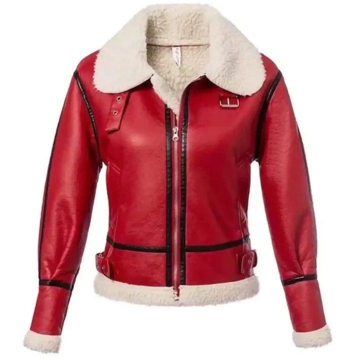 Women’s Festive Red Christmas Leather Jacket with Fur Trim