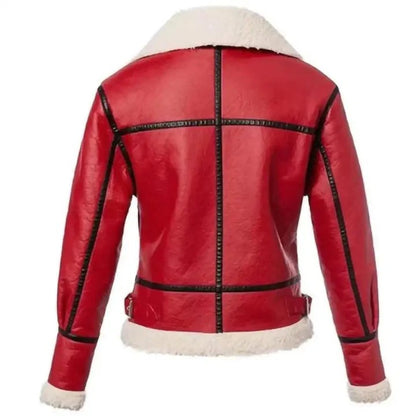 Women’s Festive Red Christmas Leather Jacket with Fur Trim