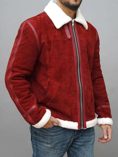 Christmas Red Suede Shearling Leather Jacket with Cozy Fur Lining