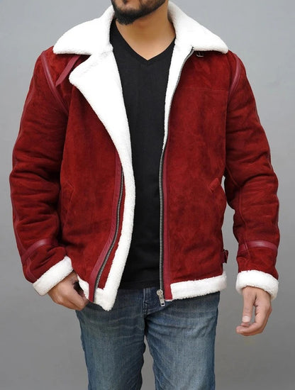 Christmas Red Suede Shearling Leather Jacket with Cozy Fur Lining