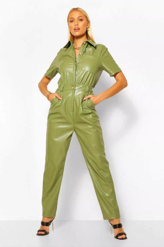 Stylish Women's Green Leather Jumpsuit for Fashion-Forward Women