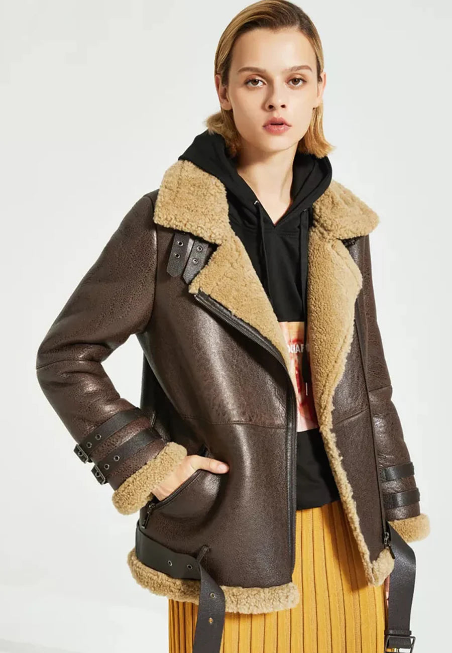 Stylish Women’s Dark Brown Leather Shearling Long Coat