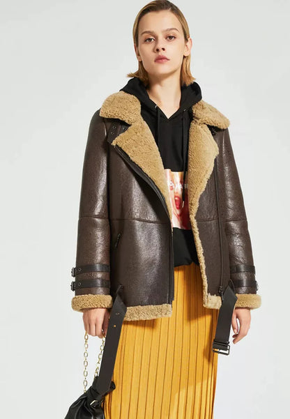 Stylish Women’s Dark Brown Leather Shearling Long Coat