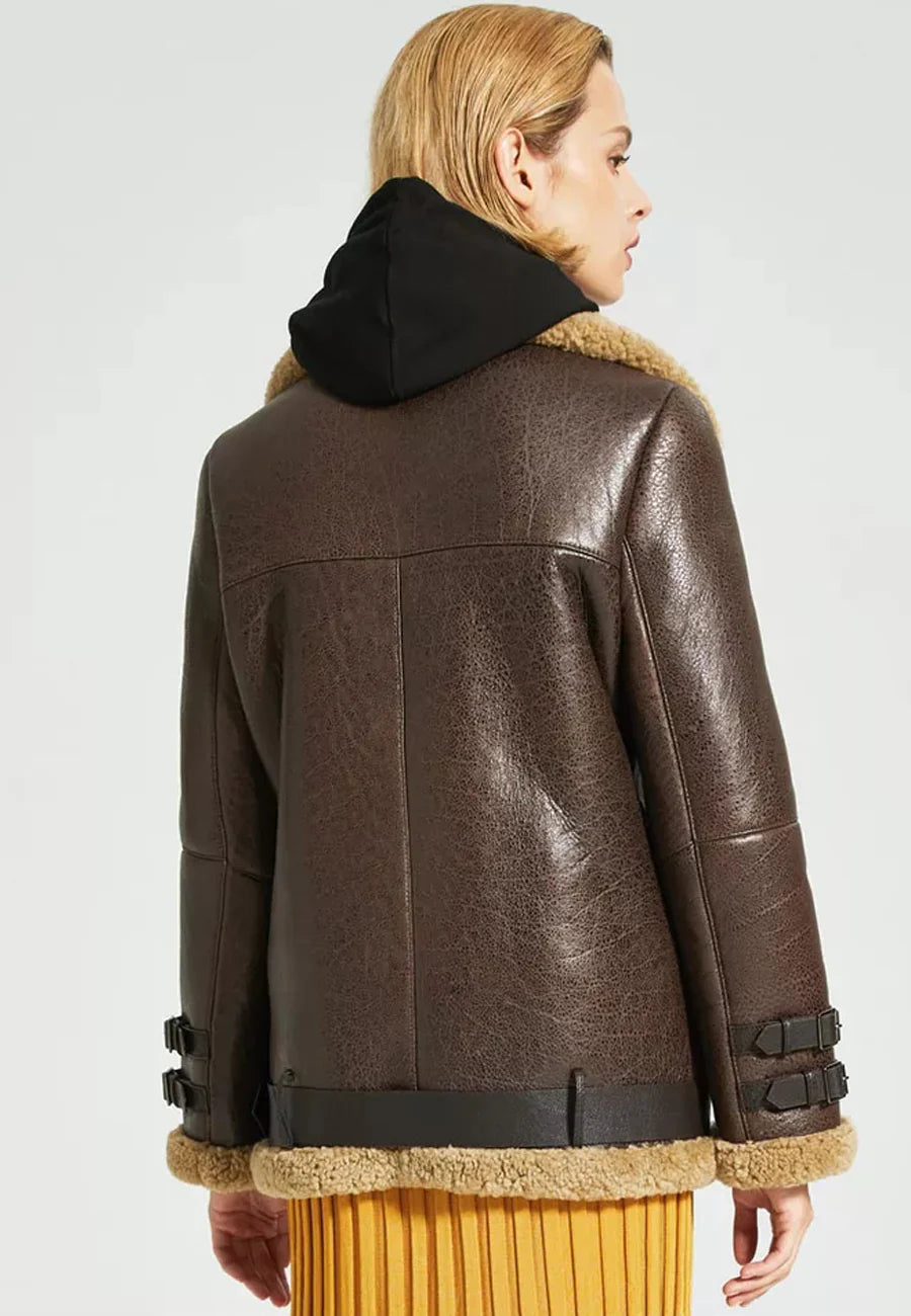 Stylish Women’s Dark Brown Leather Shearling Long Coat