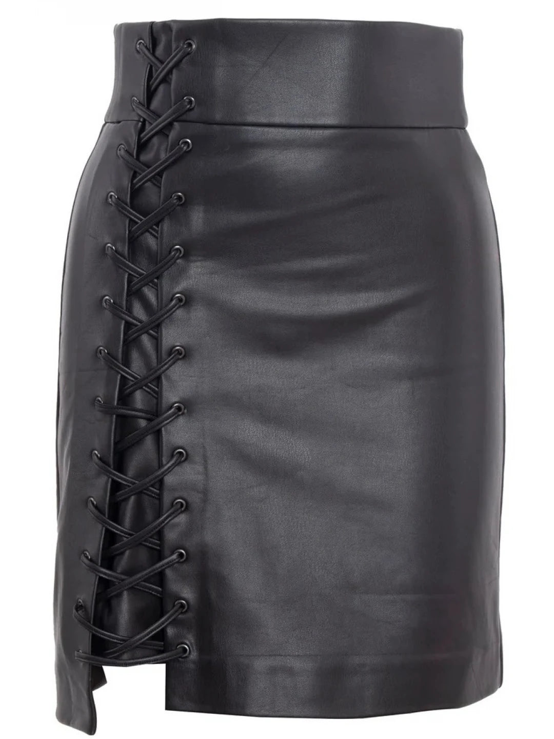 Lace-Up Black Leather Skirt