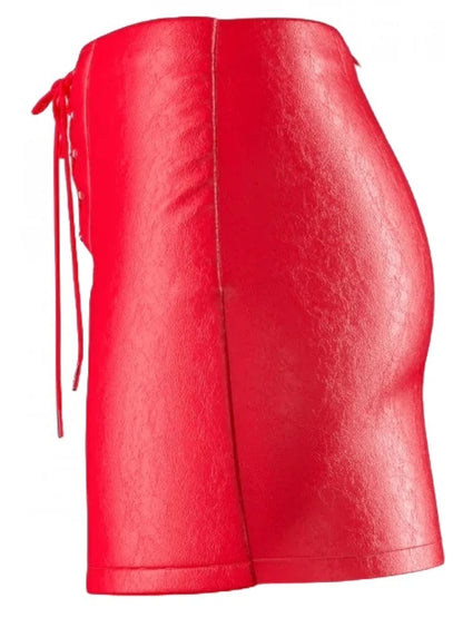 Lace-Up Detailing Red Leather Mini Skirt