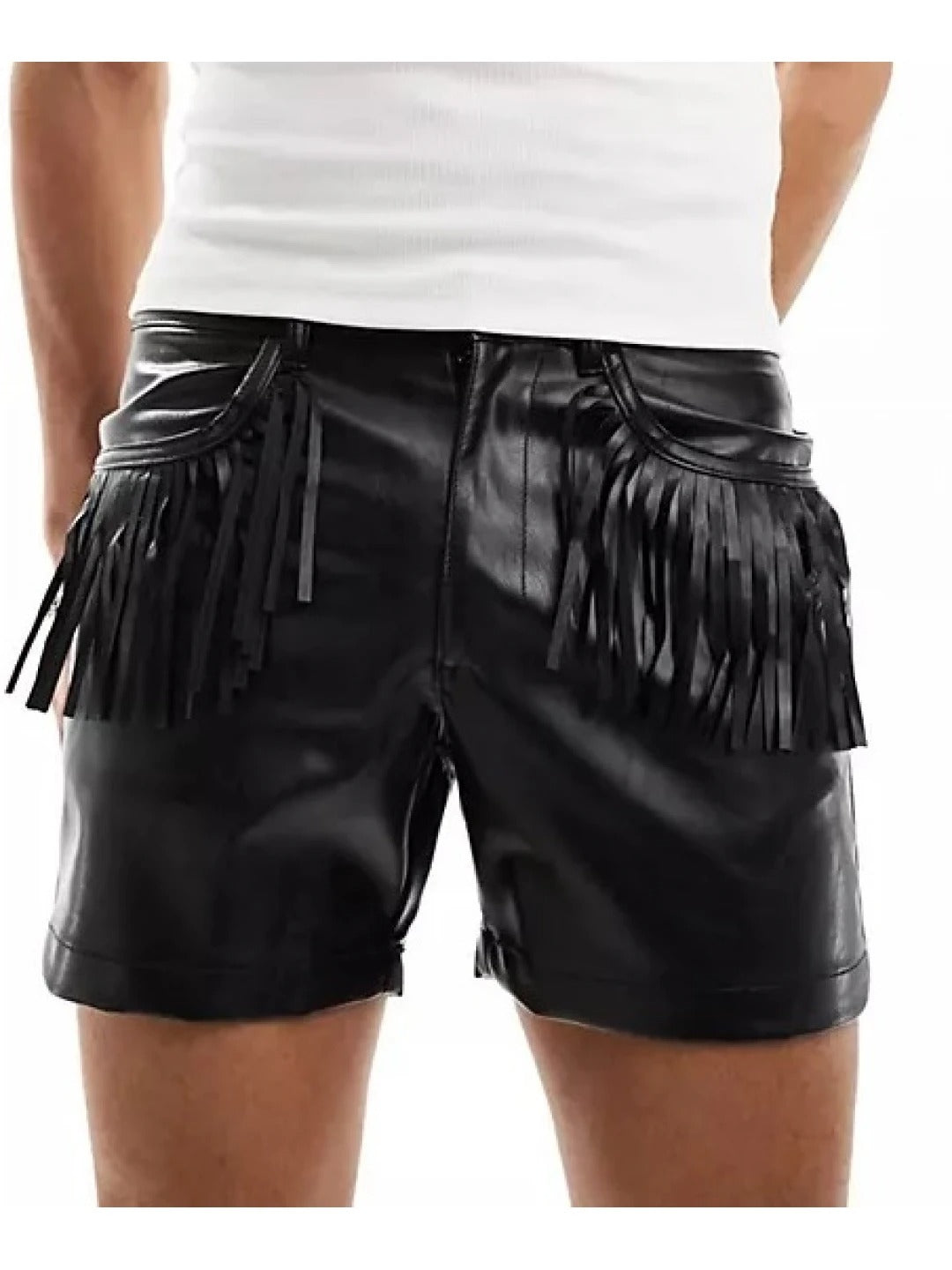 Fringed Black Leather Shorts for Men