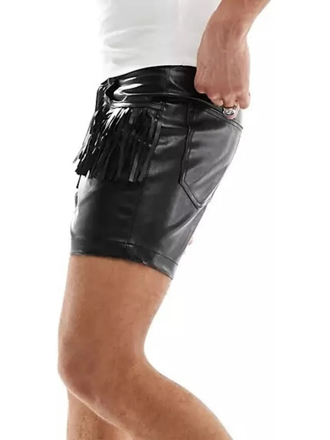 Fringed Black Leather Shorts for Men