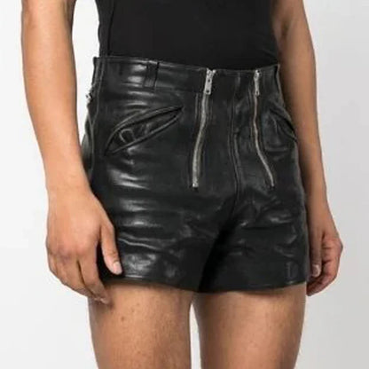 Men's Leather Shorts with Double Zipper