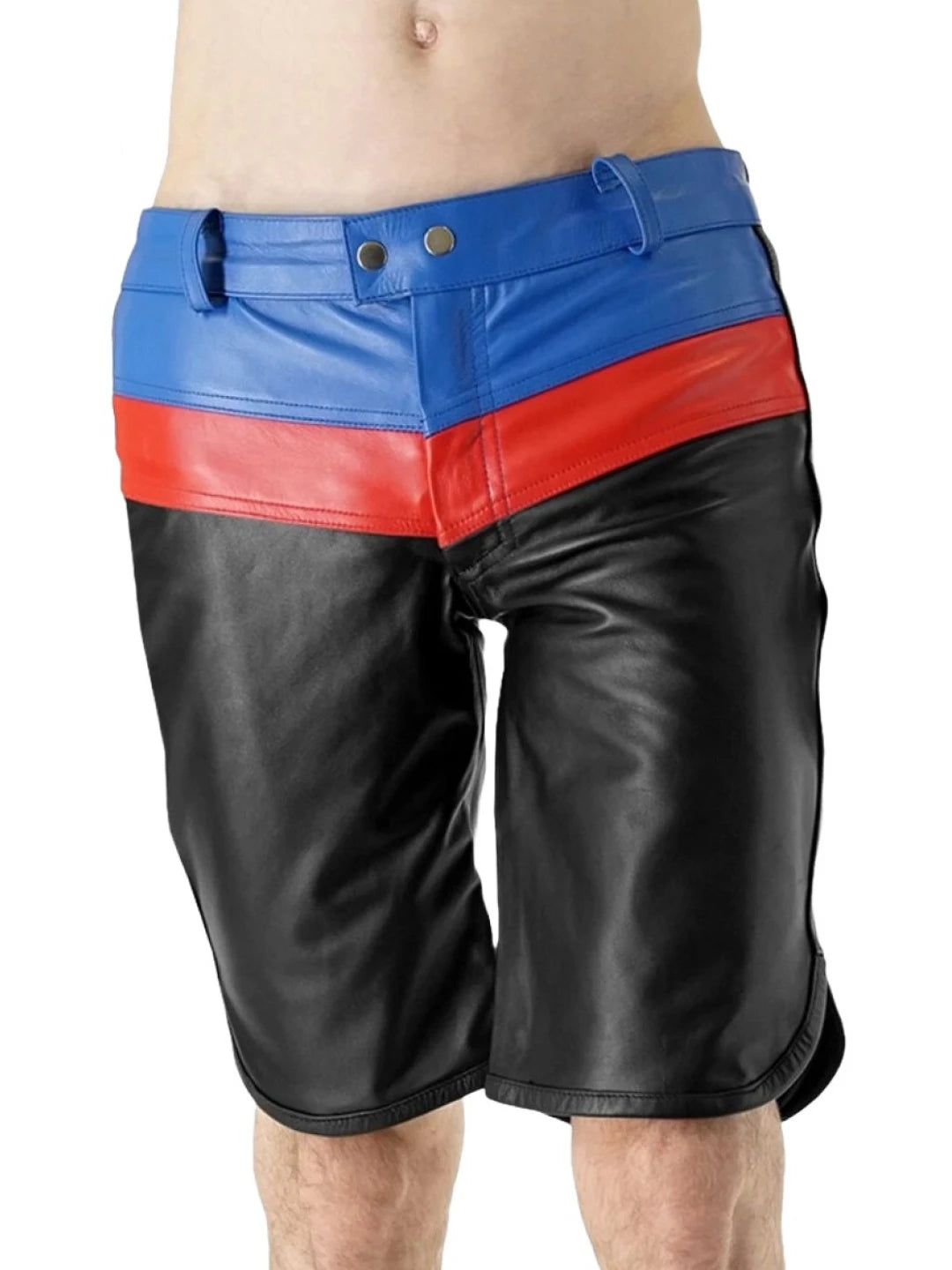 Three-Tone Black, Blue, and Red Leather Shorts for Men