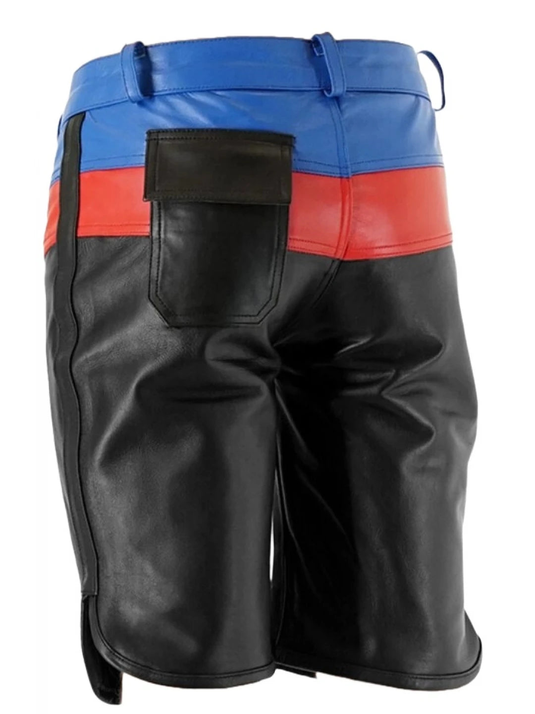 Three-Tone Black, Blue, and Red Leather Shorts for Men