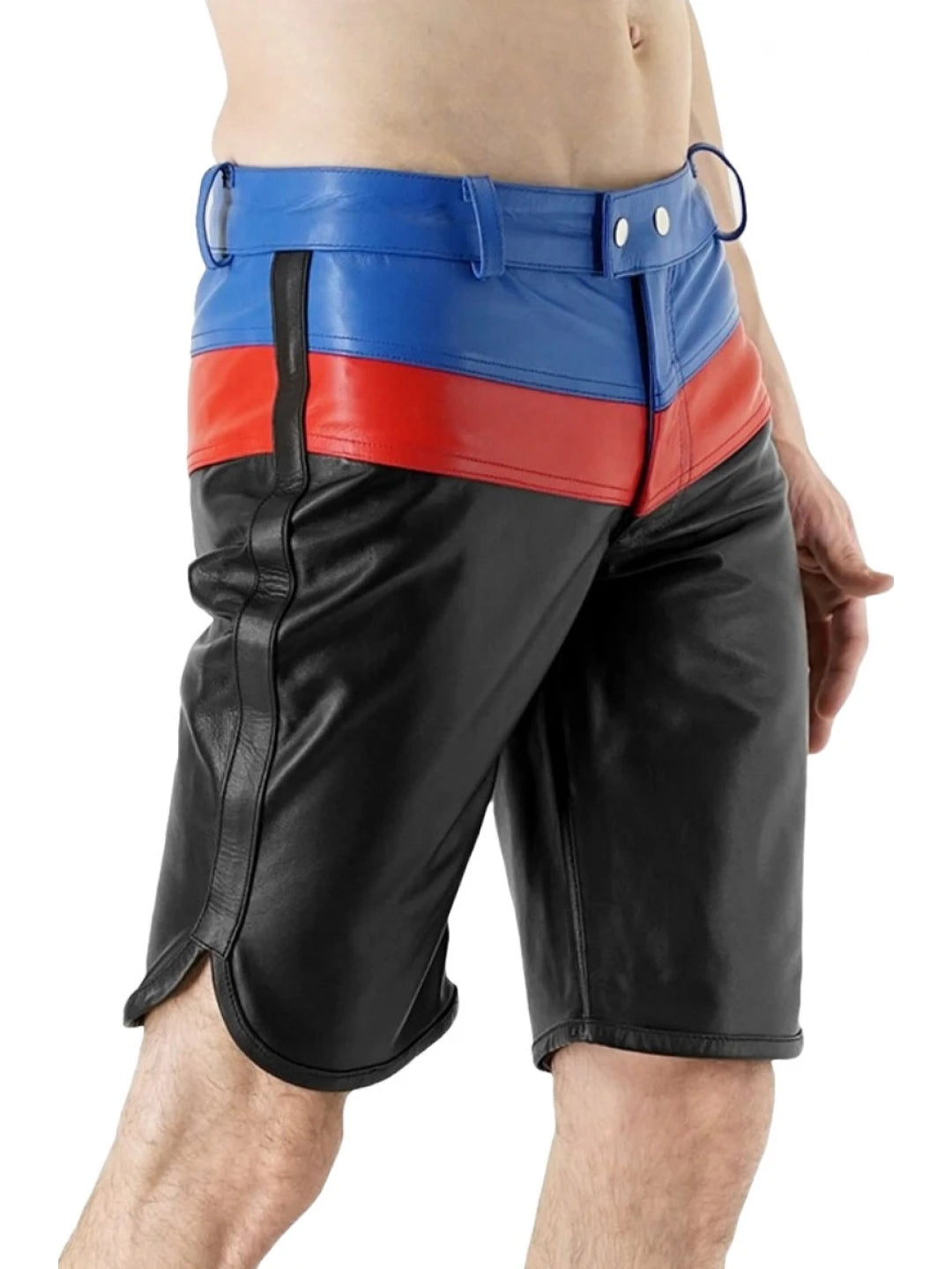 Three-Tone Black, Blue, and Red Leather Shorts for Men