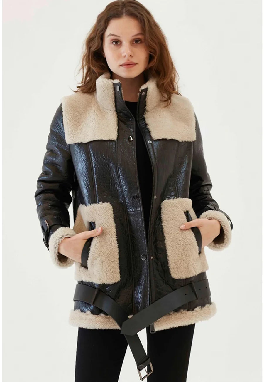 Women's Black Leather Shearling Long Coat