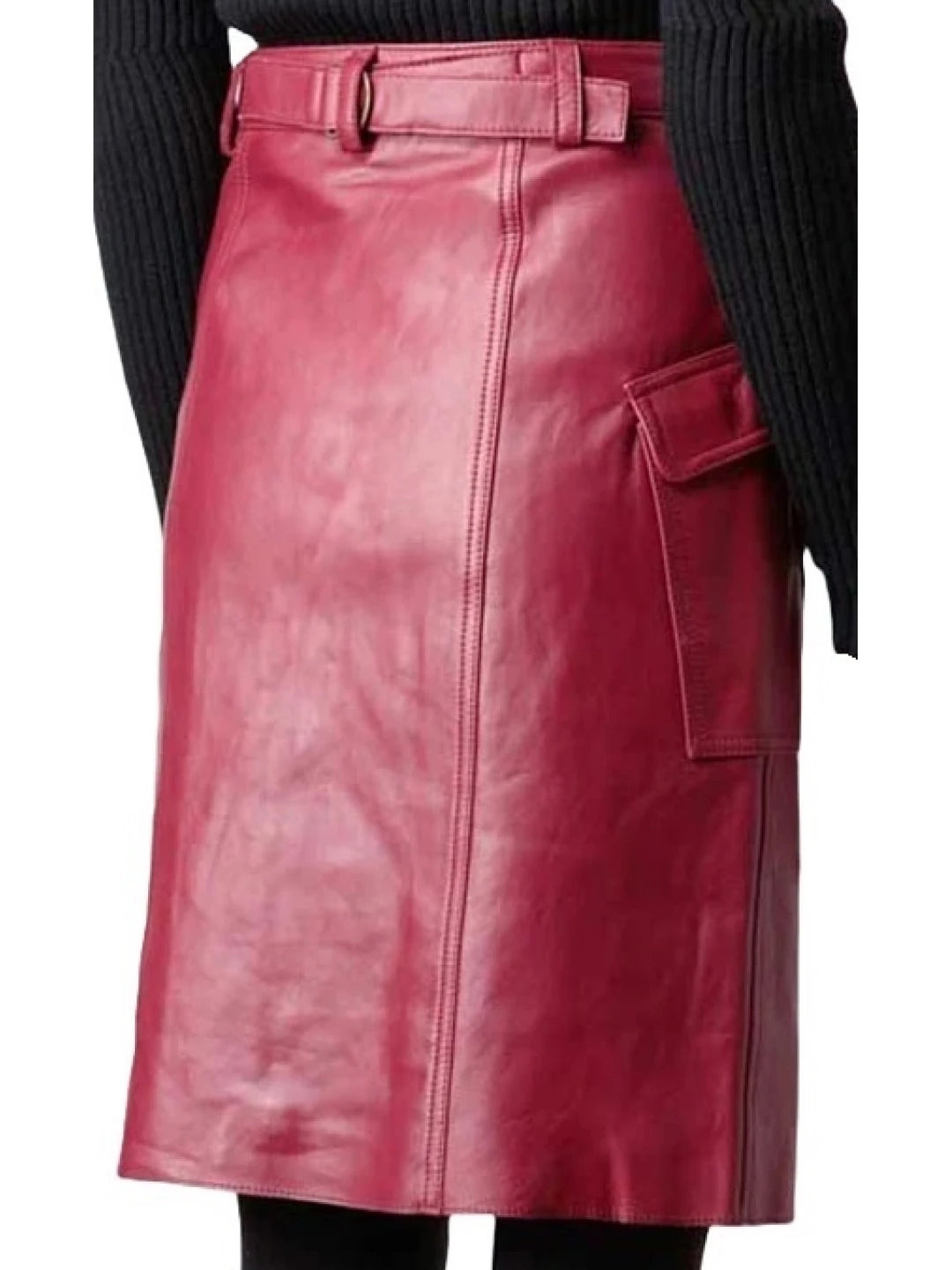 Maroon Leather Skirt with Flap Pockets