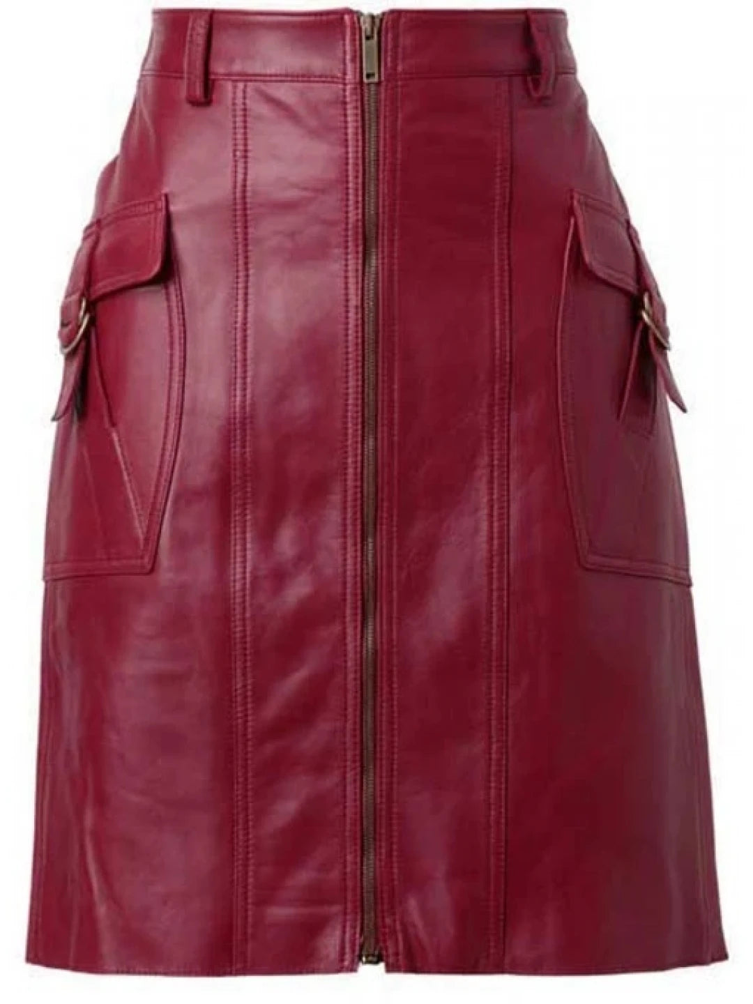 Maroon Leather Skirt with Flap Pockets