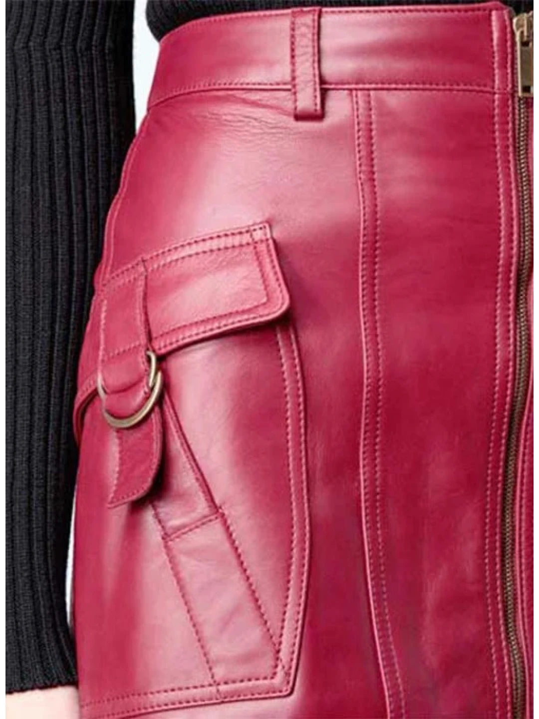 Maroon Leather Skirt with Flap Pockets