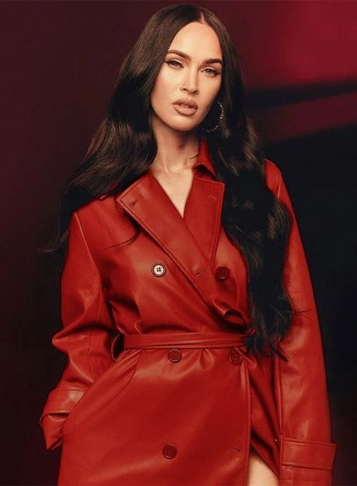 Megan Fox Red Leather Long Coat