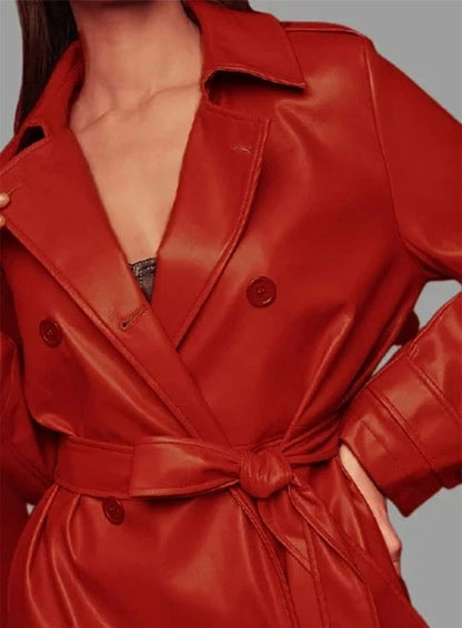 Megan Fox Red Leather Long Coat