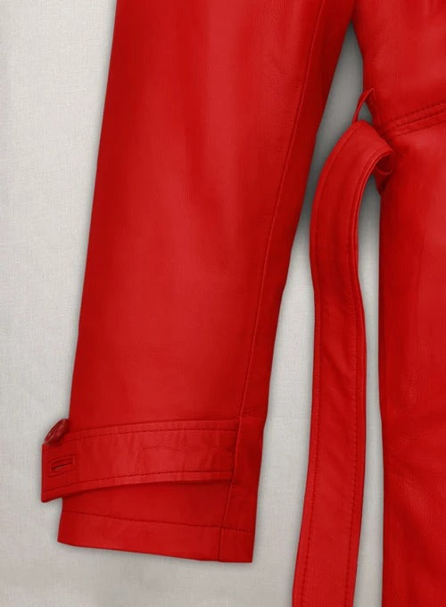 Megan Fox Red Leather Long Coat