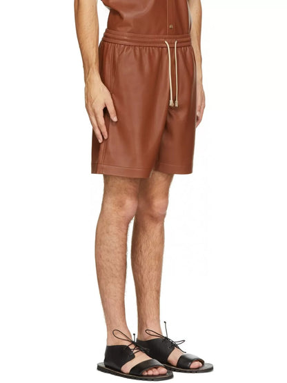 Men’s Brown Leather Bermuda Shorts with Elastic Waist & Drawstring