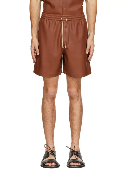 Men’s Brown Leather Bermuda Shorts with Elastic Waist & Drawstring