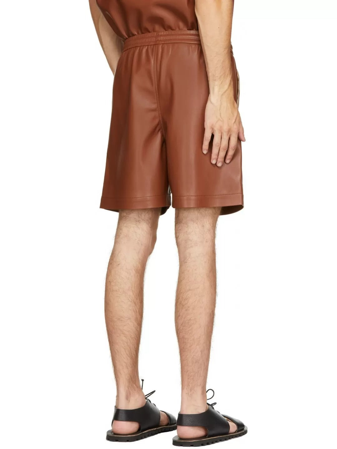 Men’s Brown Leather Bermuda Shorts with Elastic Waist & Drawstring