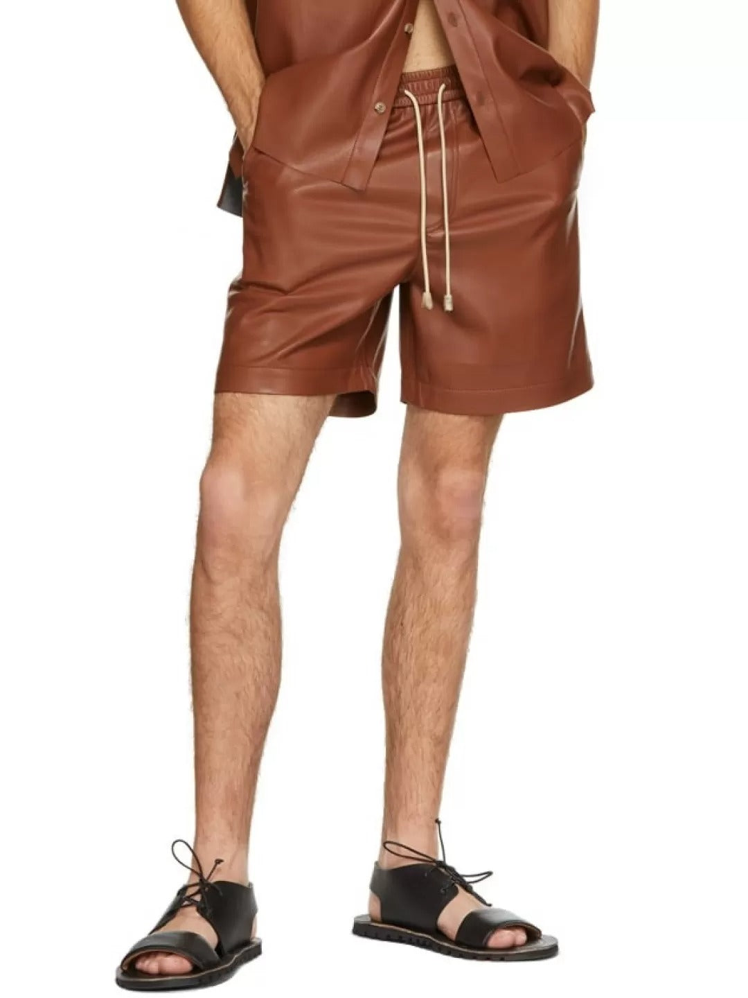 Men’s Brown Leather Bermuda Shorts with Elastic Waist & Drawstring