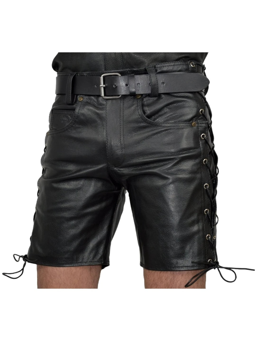 Men’s Black Leather Shorts with Side Lace Detailing