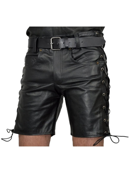 Men’s Black Leather Shorts with Side Lace Detailing