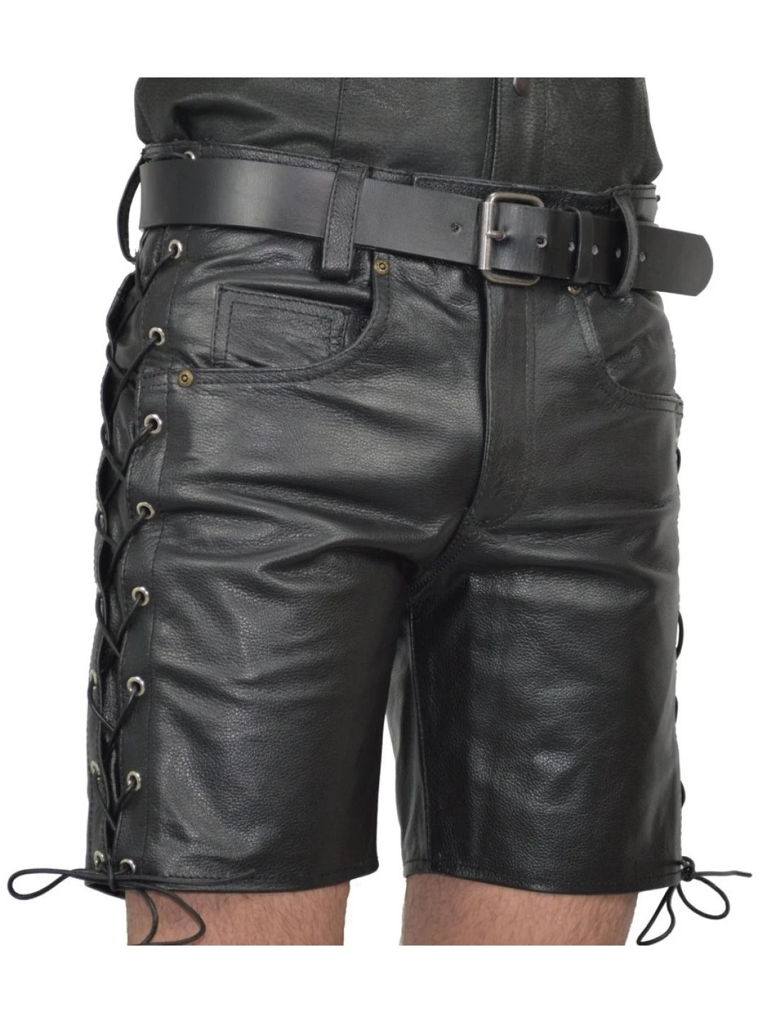 Men’s Black Leather Shorts with Side Lace Detailing