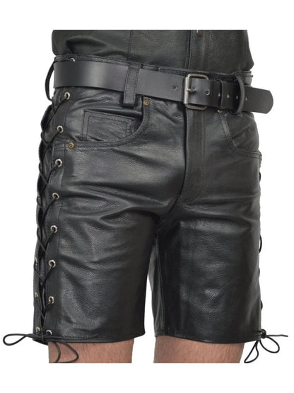 Men’s Black Leather Shorts with Side Lace Detailing