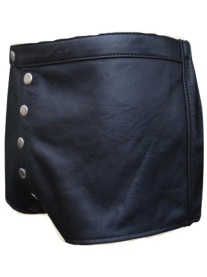 Men’s Dark Blue Leather Shorts with Snap Button Fly