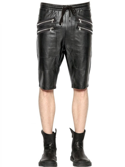 Men’s Black Leather Shorts with Zip Elastic Waistband