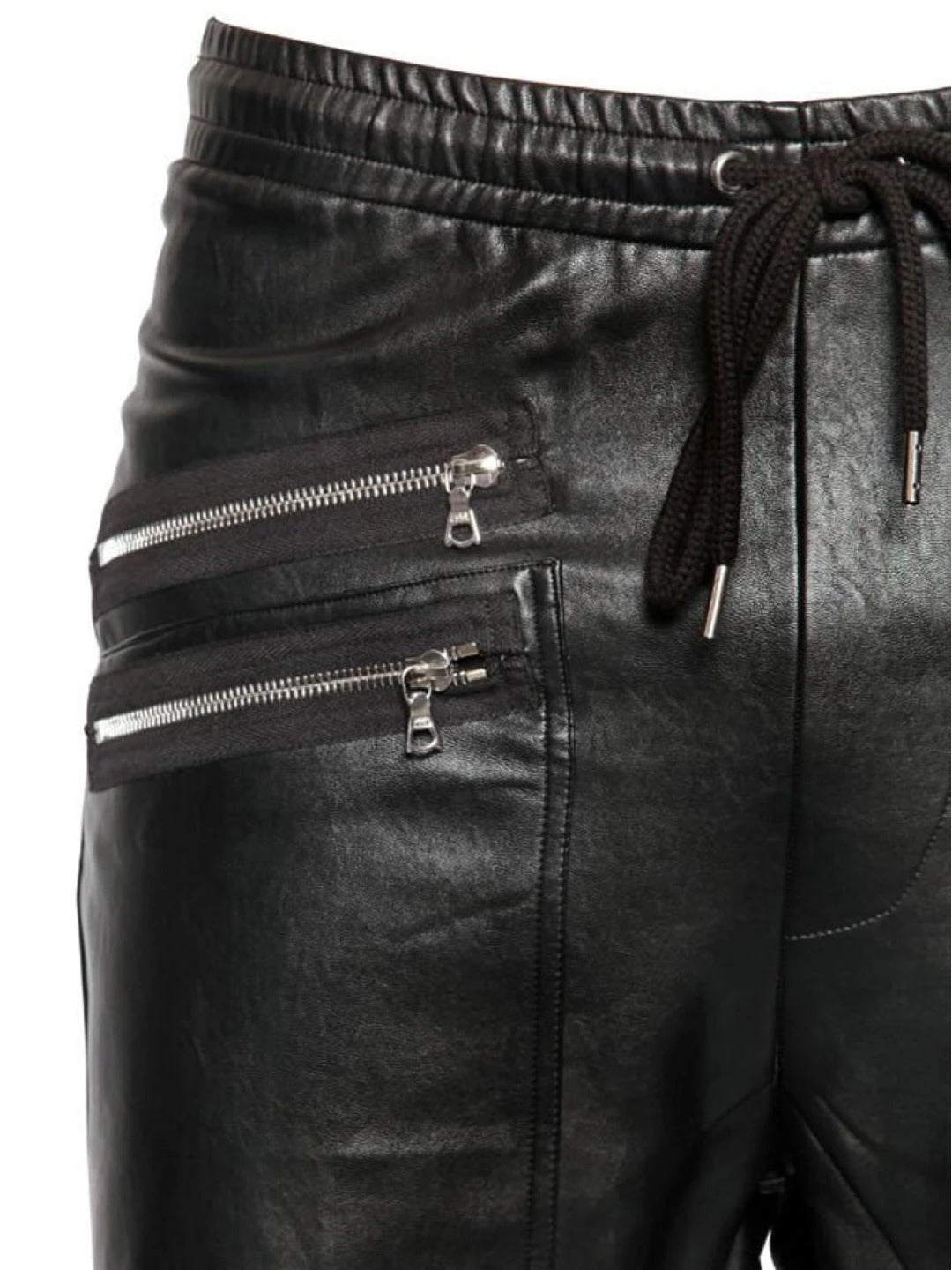 Men’s Black Leather Shorts with Zip Elastic Waistband