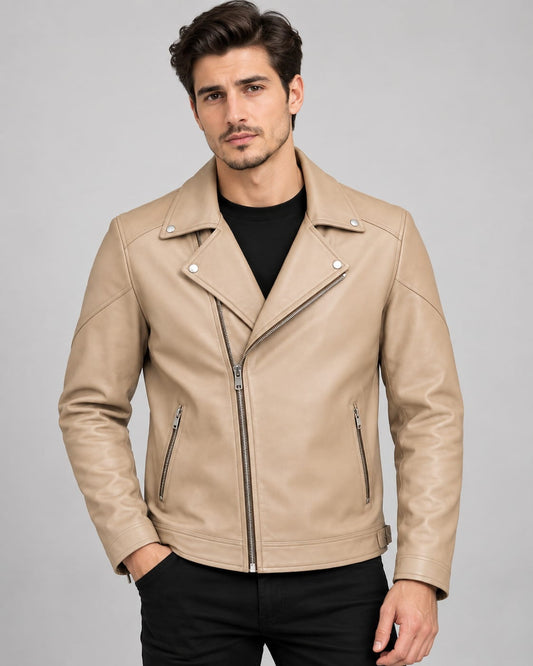 Men's beige genuine leather biker jacket front view with asymmetrical zipper and lapel collar