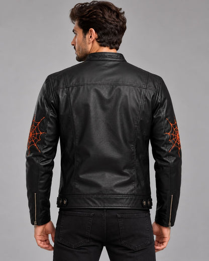 Back view of men’s black genuine leather Halloween biker jacket