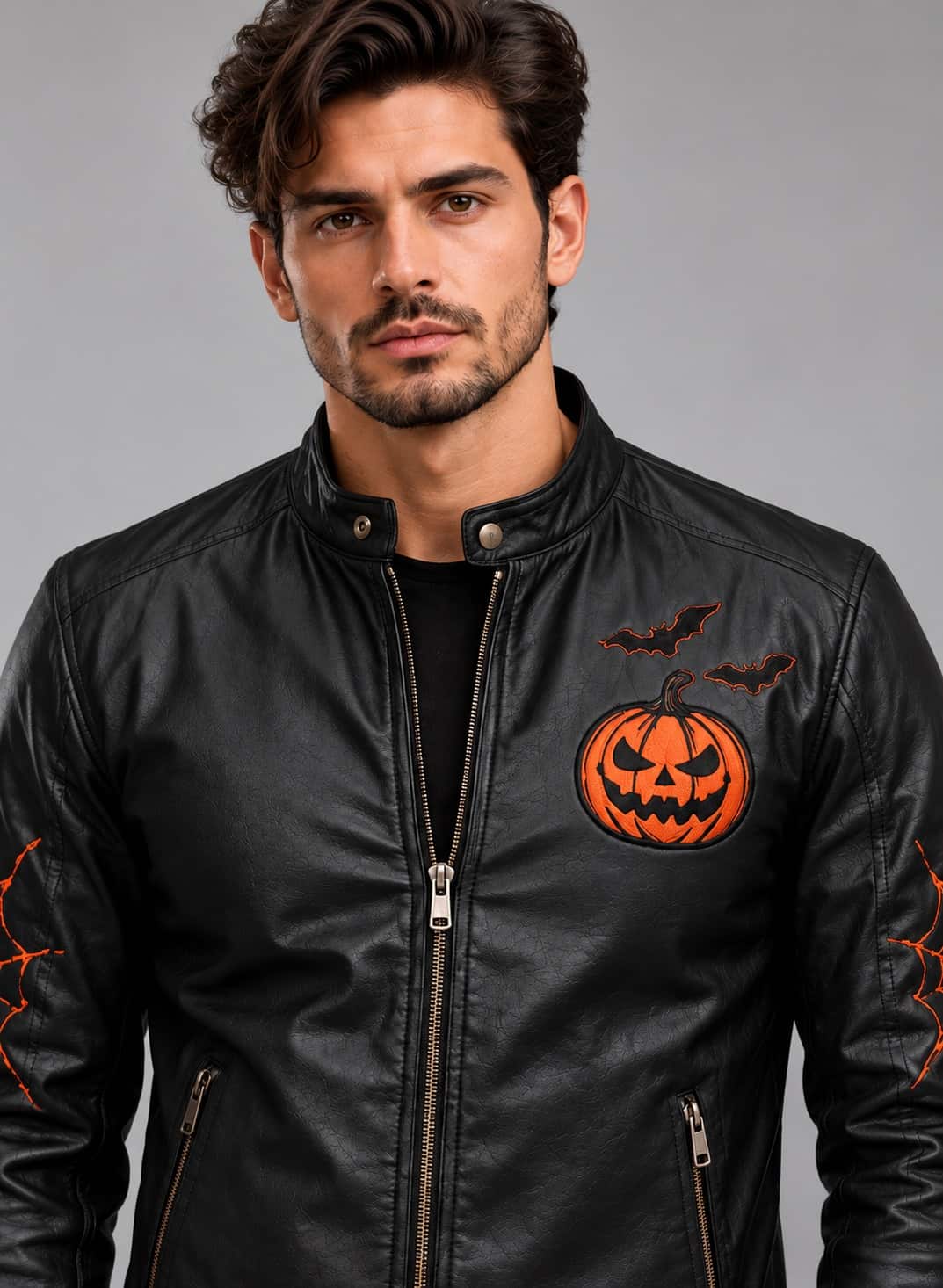 front detailed  view of a men's black Halloween leather biker jacket with orange pumpkin artwork