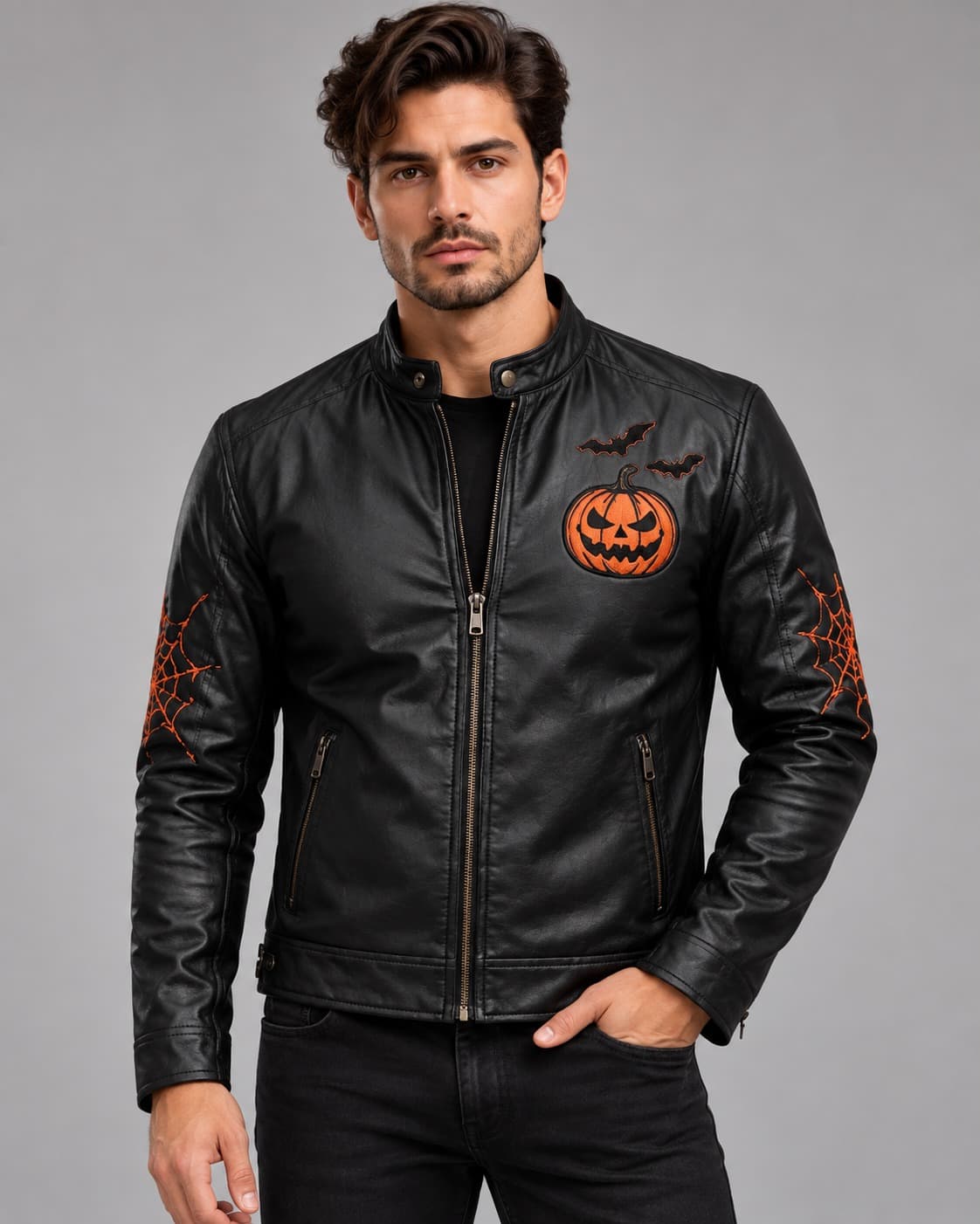 Men’s black genuine leather Halloween biker jacket with pumpkin and bat graphics