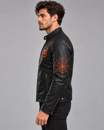 Side view of men’s black Halloween leather biker jacket showing orange spiderweb sleeve artwork